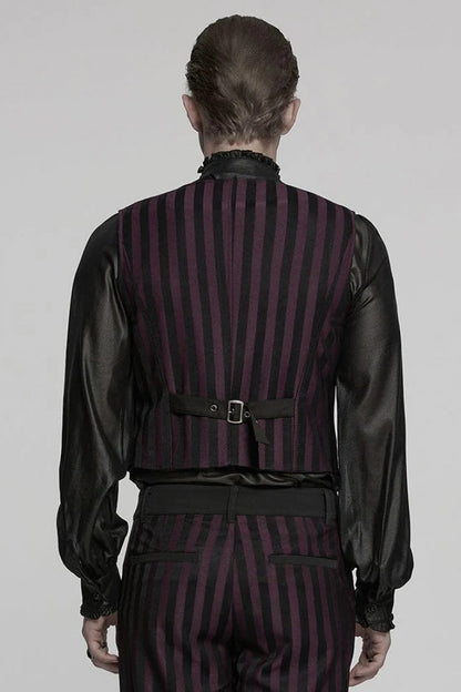 Black/red V Collar Sleeveless Striped Print Buckle Punk Vest