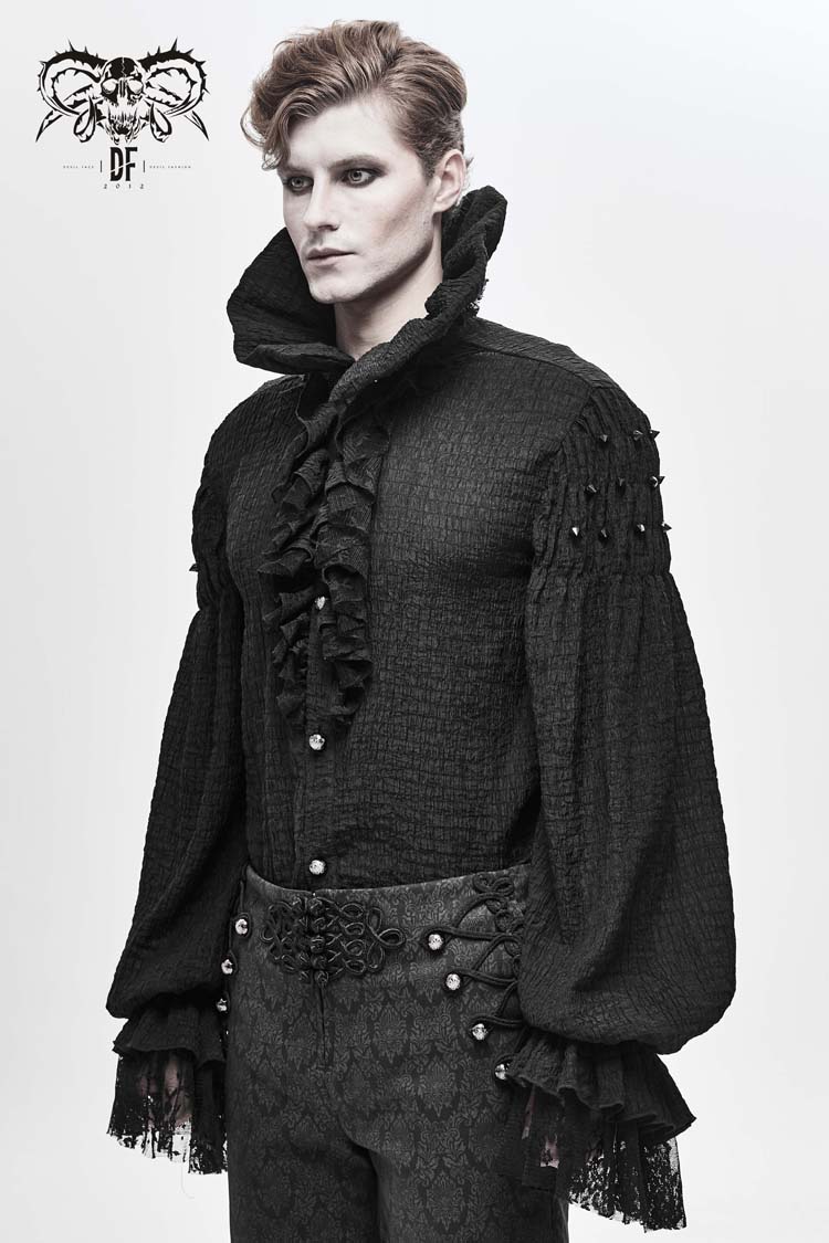Black High Collar Chiffon Chest Frilly Beading Long Sleeve Lace Cuff Gothic Shirt
