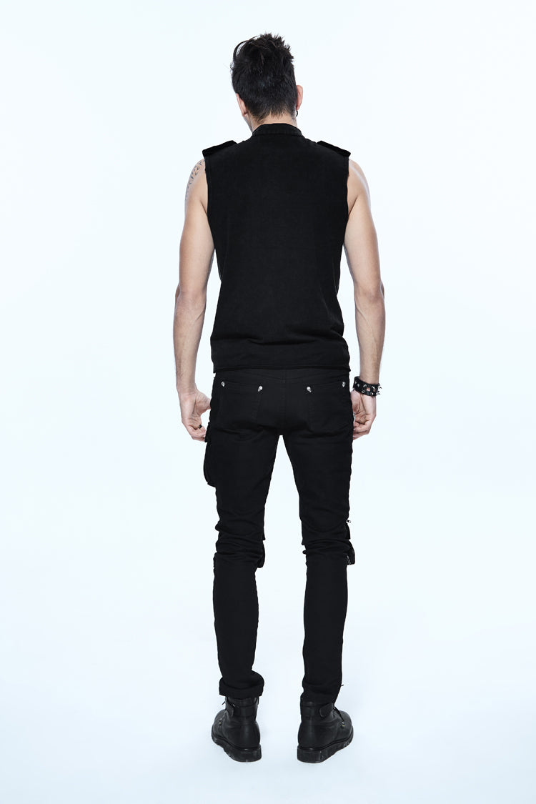 Black Military Uniform Style Chest Chinese Frog Button Sleeveless Punk T-shirt