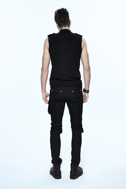 Black Military Uniform Style Chest Chinese Frog Button Sleeveless Punk T-shirt