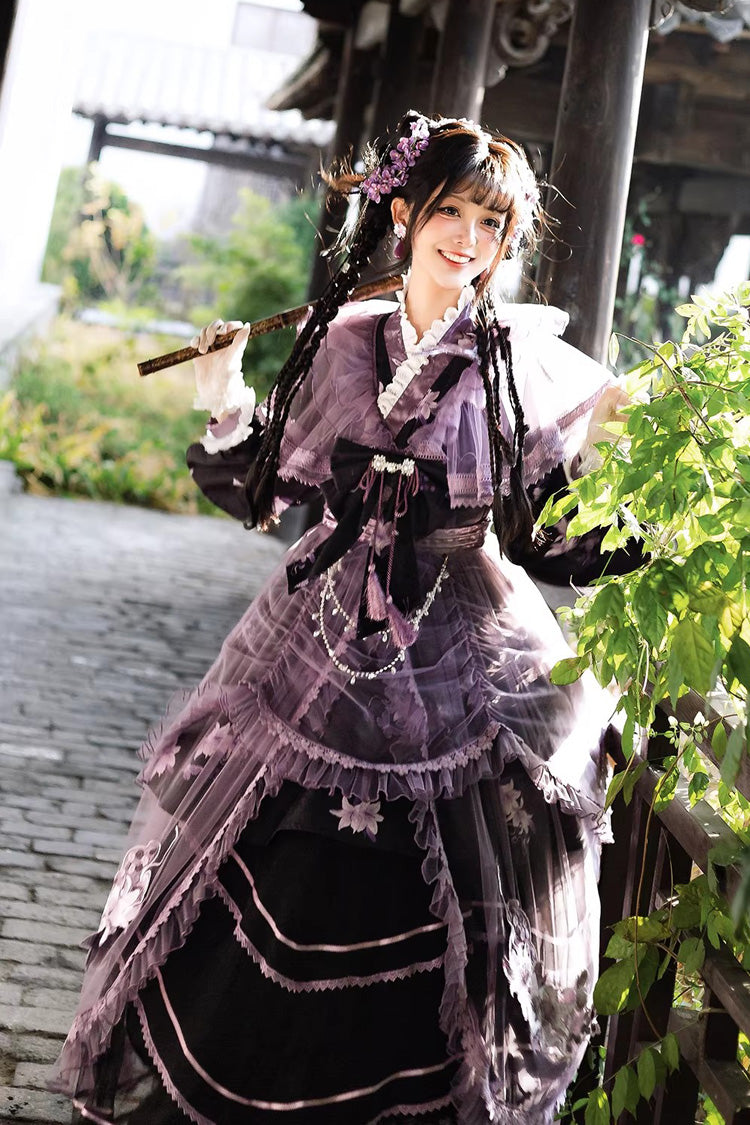 Purple [violet Gauze Lily] Stand Collar Long Sleeves Ruffled Embroidered Bow Classic Chinese Style Lolita Dress Set