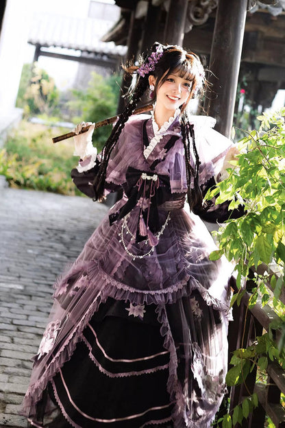 Purple [violet Gauze Lily] Stand Collar Long Sleeves Ruffled Embroidered Bow Classic Chinese Style Lolita Dress Set