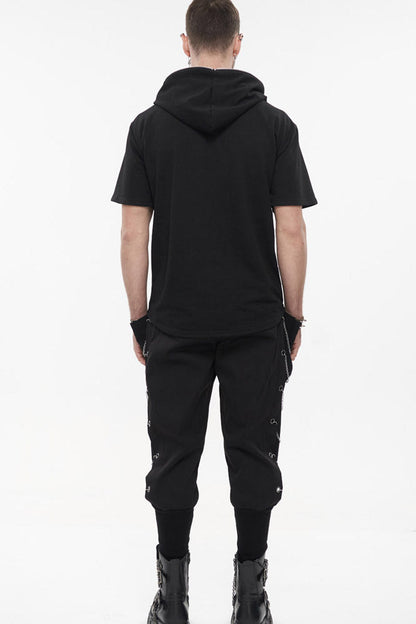 Black Punk Short Sleeve Metal Zipper Lace-up Knit Loose Hooded T-shirt