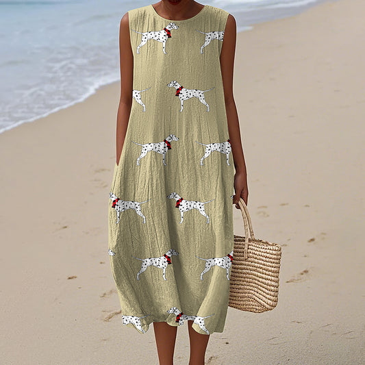 Comstylish Retro Cute Dog Art Linen Tank Midi Dress