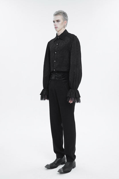 Black Lapel Collar Puff Sleeved Lace Hem Gothic Shirt