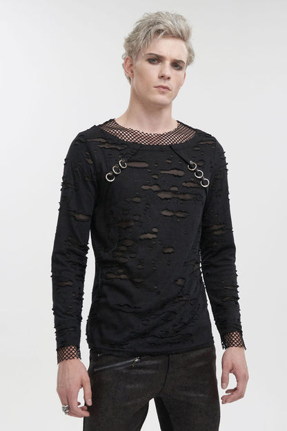 Black Diamond Mesh Irregular Hole Long-sleeved Punk T-shirt