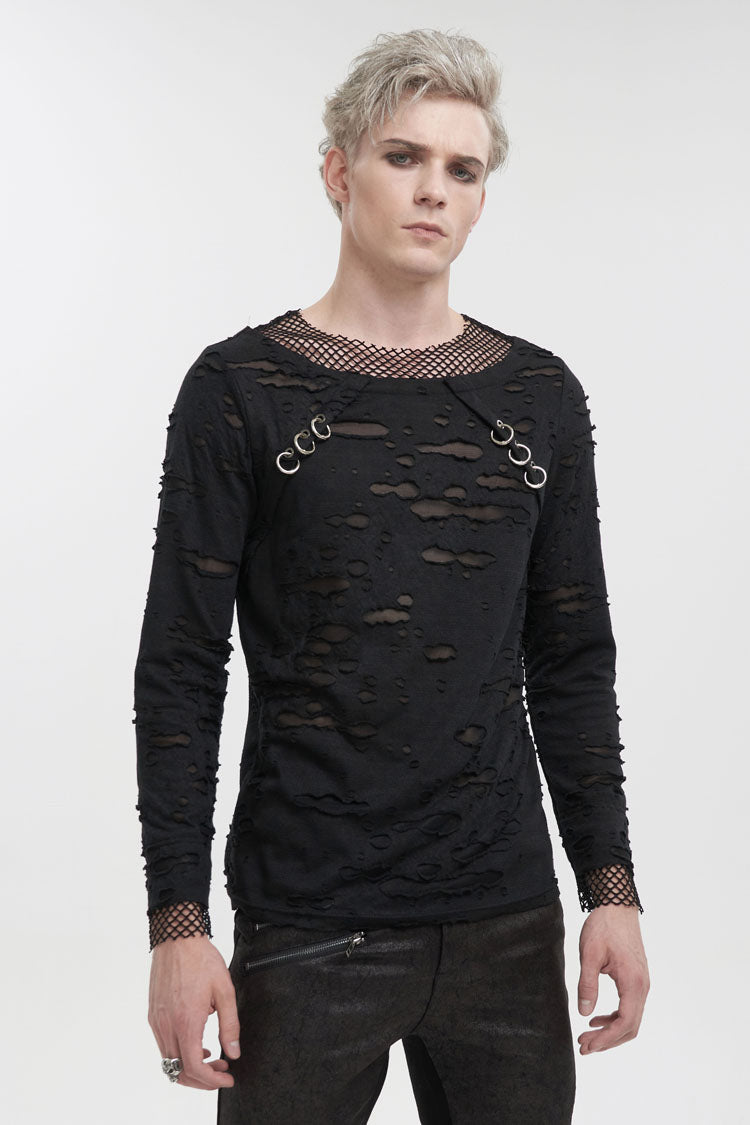Black Diamond Mesh Irregular Hole Long-sleeved Punk T-shirt
