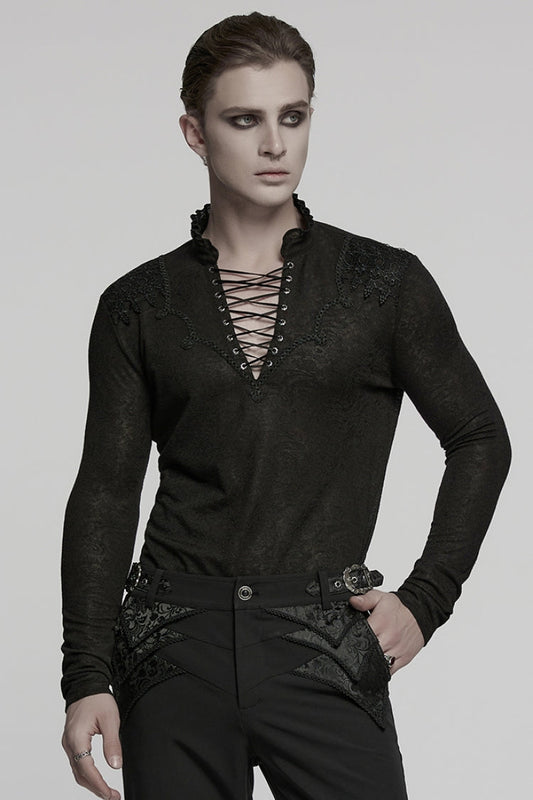 Black V Collar Long Sleeves Jacquard Embroidery Gothic Blouse