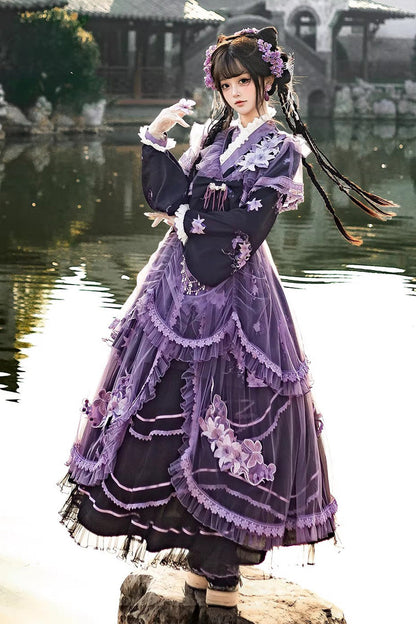 Purple [violet Gauze Lily] Stand Collar Long Sleeves Ruffled Embroidered Bow Classic Chinese Style Lolita Dress Set