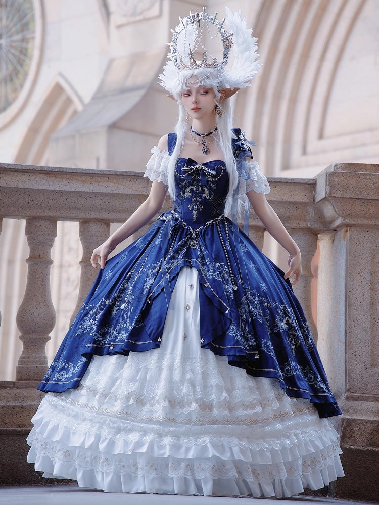 [pre-order Deadline: May 3] Dark Blue White Corset Lace Ribbon Lolita Jsk Princess Dress + Complete Set