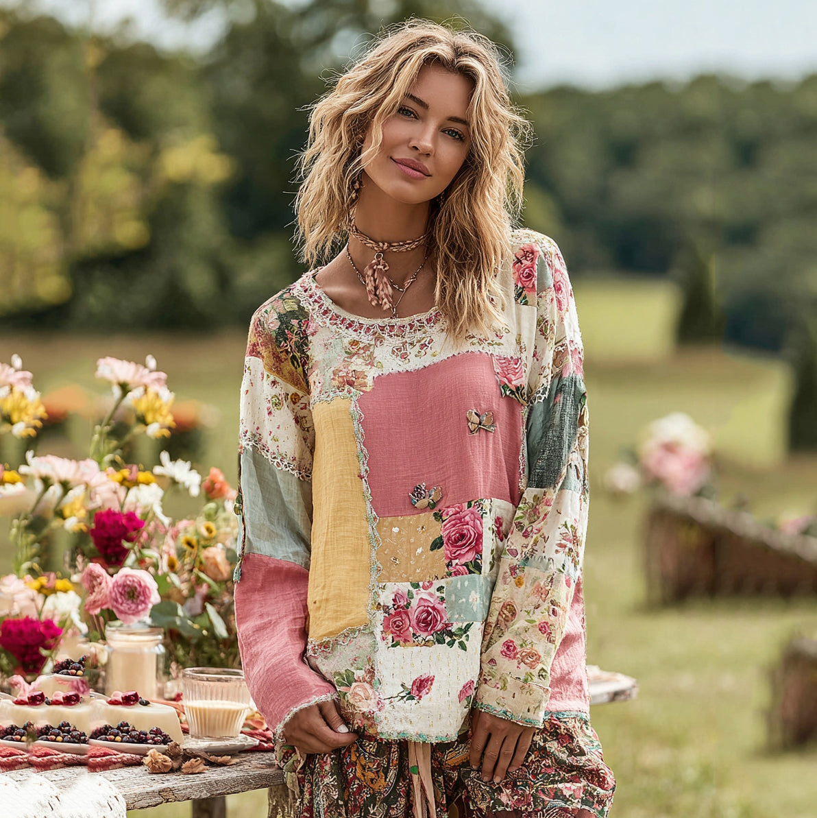 Women's Bohemian Rose Patchwork Contrast Color Long Sleeve T-shirt elevenforest