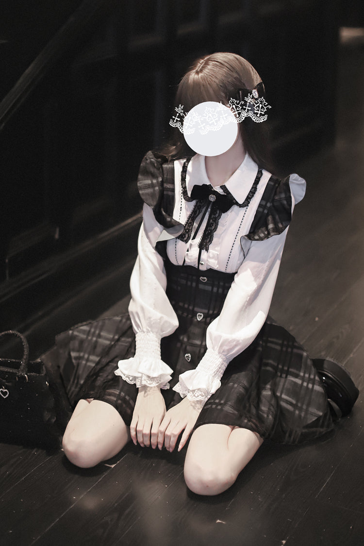 Black Plaid Print Classic College Style Lolita Strap Short Dress