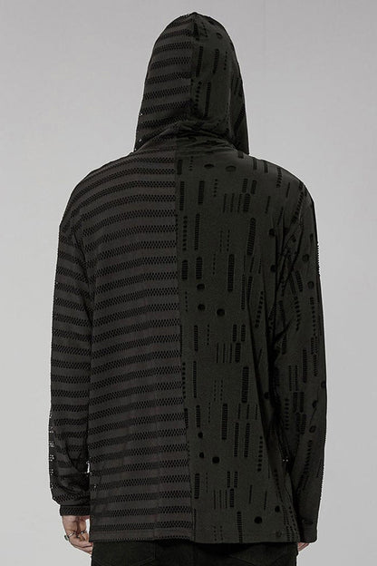 Black Punk Personality Left-right Asymmetrical Knitted Stitching Hooded T-shirt