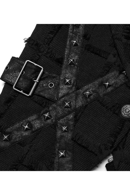 Black Gothic Asymmetrical Decadence Hairy Flu Back Cutout Design Leather Strip Metal Rivets Vest