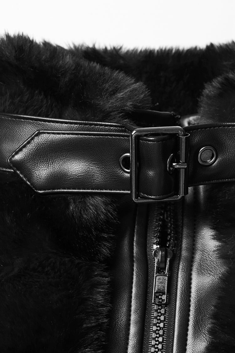 Black Stand Collar Long Sleeves Buckle Straps Faux Fur Punk Short Cloak