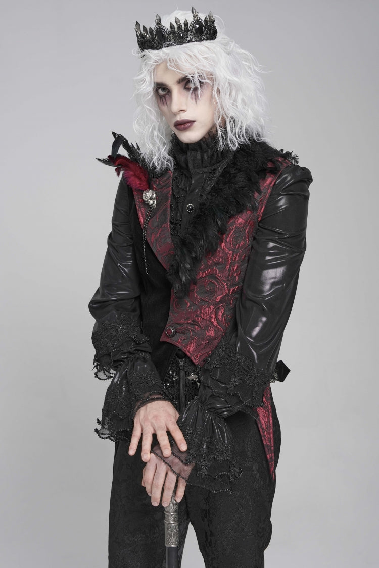 Black Long Sleeves Rose Print Irregular Contrast Color Gothic Vest With Detachable Feather Accessory