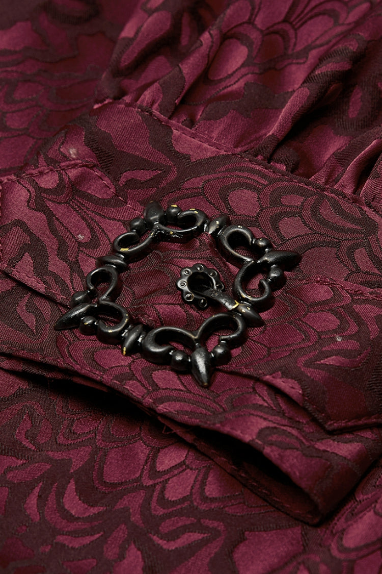 Jacquard Long Sleeve Front Metal Eyelets Lace Up Metal Carving Buckle Cuff Gothic Shirt 3 Colors