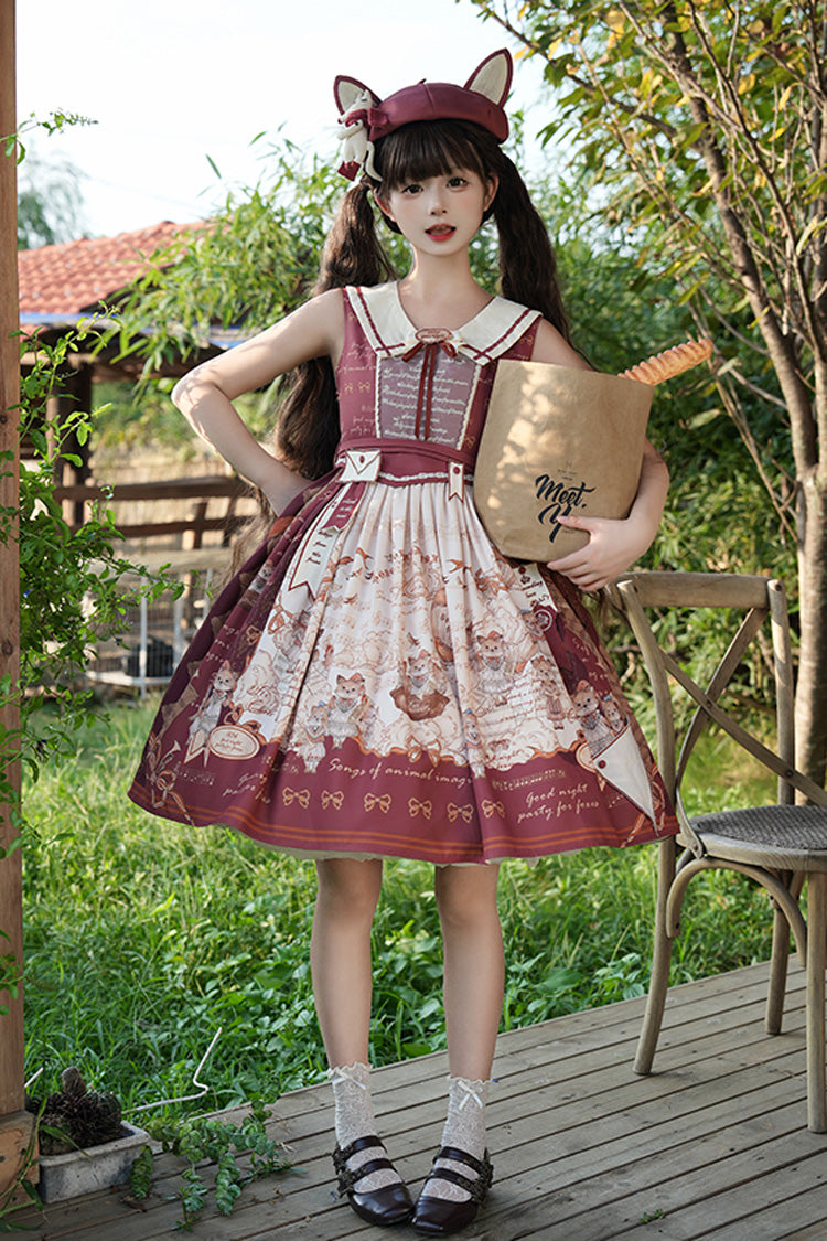 Wine Red [fox Band] Print Square Collar Bowknot Classic Lolita Jumper Dress