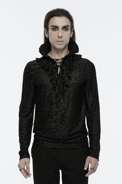 Black Stand Collar Long Sleeves Print Ruffle Gothic Blouse