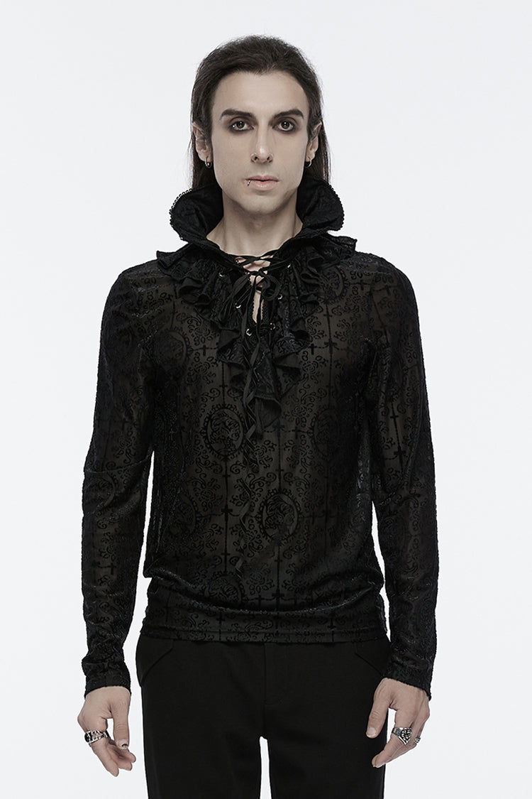Black Stand Collar Long Sleeves Print Ruffle Gothic Blouse