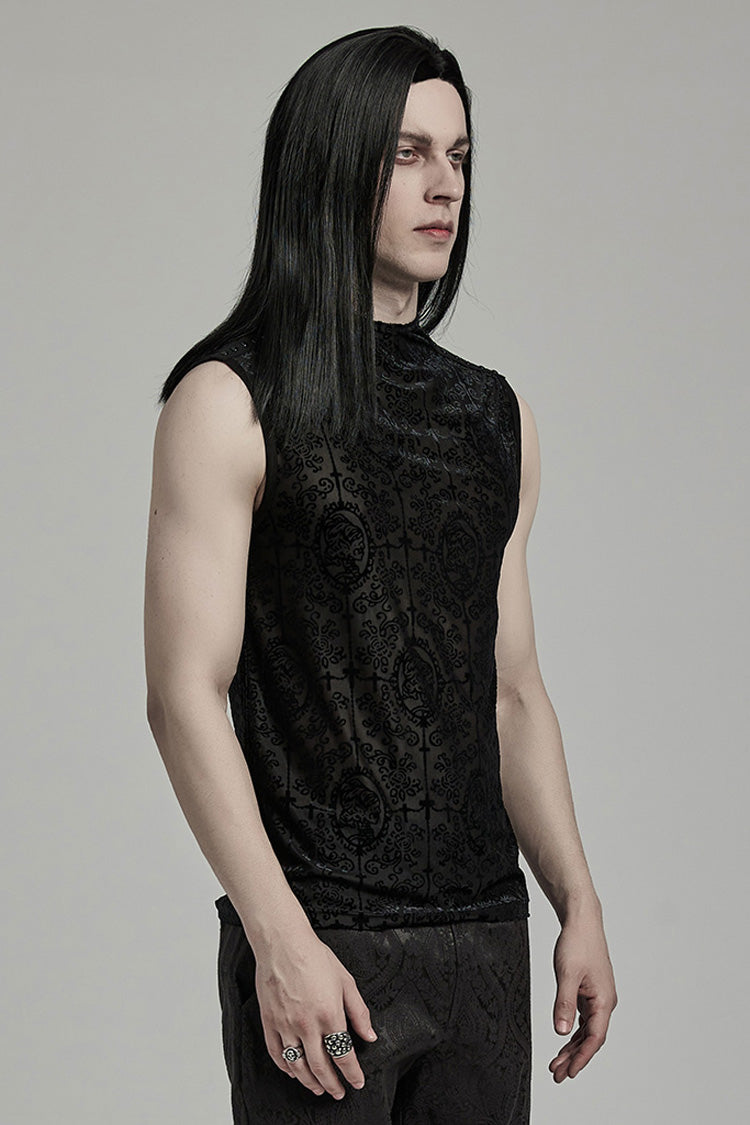 Black Sleeveless Beaded Cross Flocking Print Gothic Tank Top