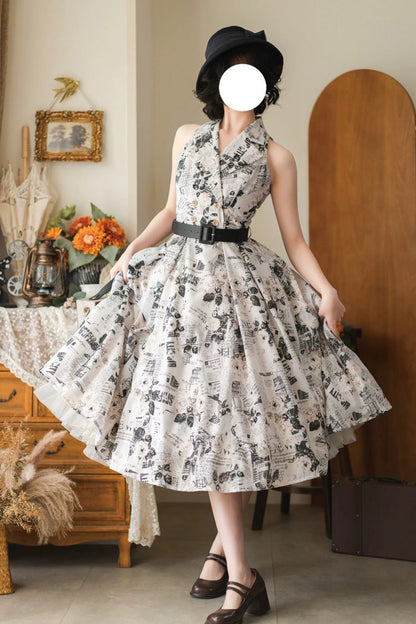 [afternoon Forest] French Audrey Hepburn Style V Collar Sleeveless Printed Classic Lolita Dress 3 Colors
