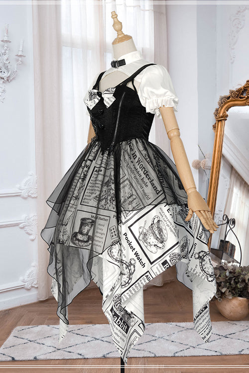 Black Fake Two Pieces Printed Irregular Hem Classic Lolita Dress