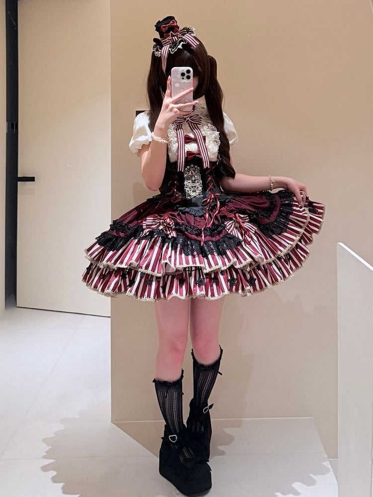 [pre-order Deadline: May 20] Magical Girl Lolita Lace Puff Sleeve Shirt + Black X Red Ribbon Corset Tiered Dress + Mini Hat
