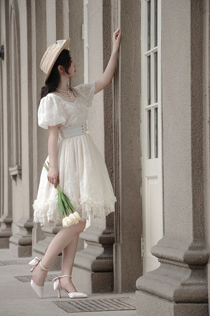 Tulip Square Collar Lantern Sleeves Multi-layer Ruffled Classic Lolita Op Dress Short Version