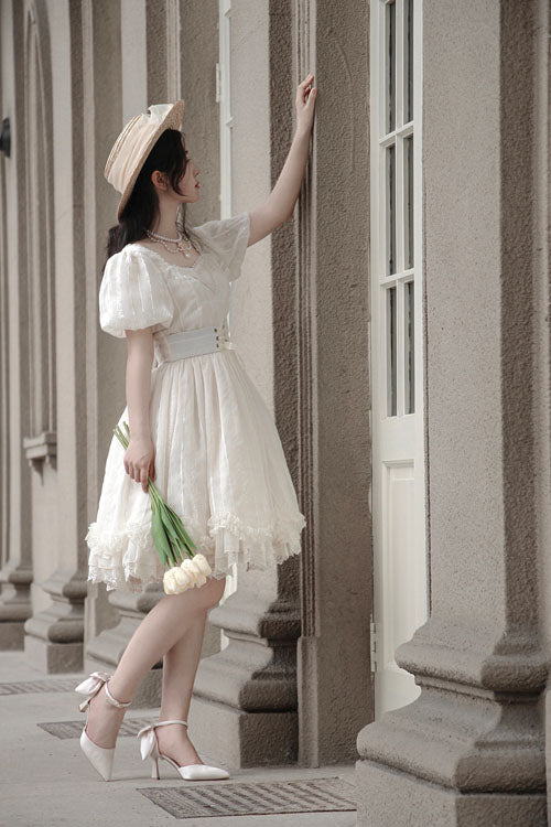 Tulip Square Collar Lantern Sleeves Multi-layer Ruffled Classic Lolita Op Dress Short Version