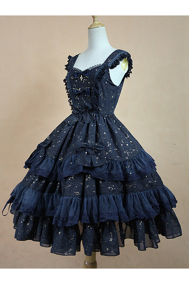 Chiffon Golden Star Bowknot Print Classic Lolita Sling Dress