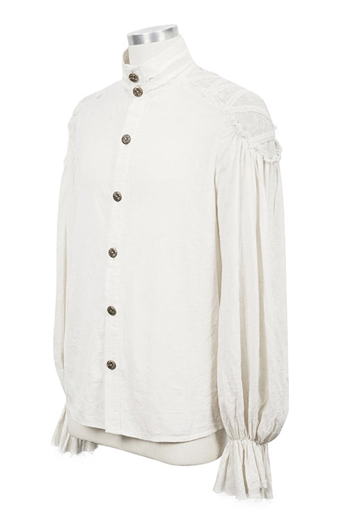 White Straight Collar Puff Sleeve Jacquard Punk Blouse