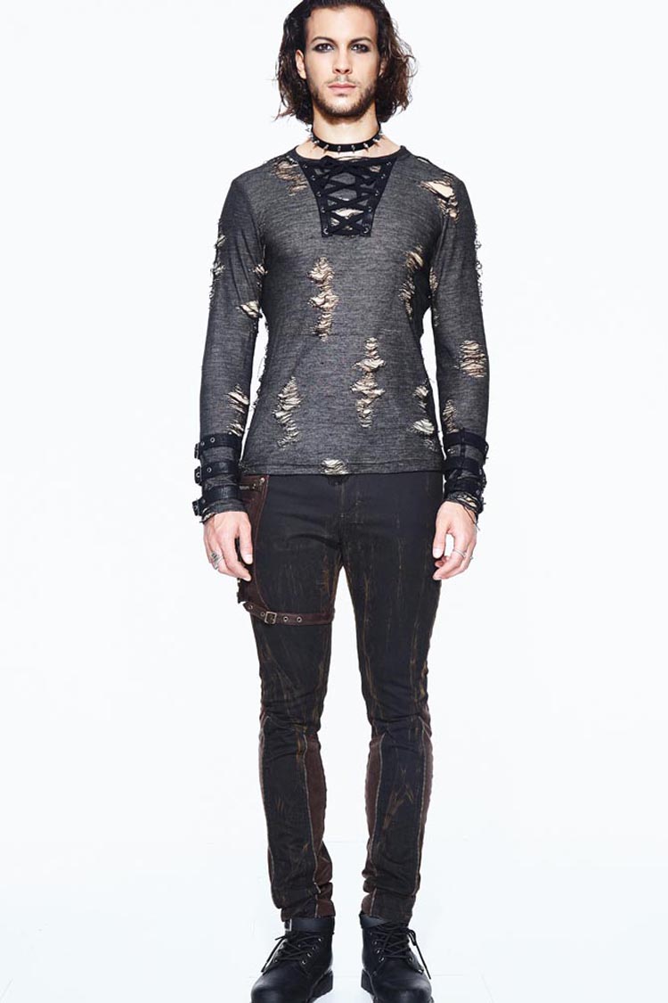 Black Long Sleeves Broken Holes Chest Lace Up Loop Cuff Punk Shirt