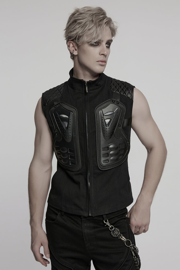 Black Stand Collar Armour Stitching Punk Vest