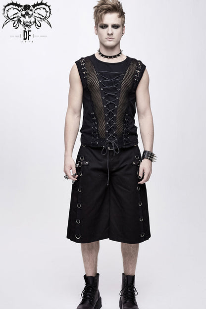 Black Chest Lace Up Splice Coarse Grain Punk Vest