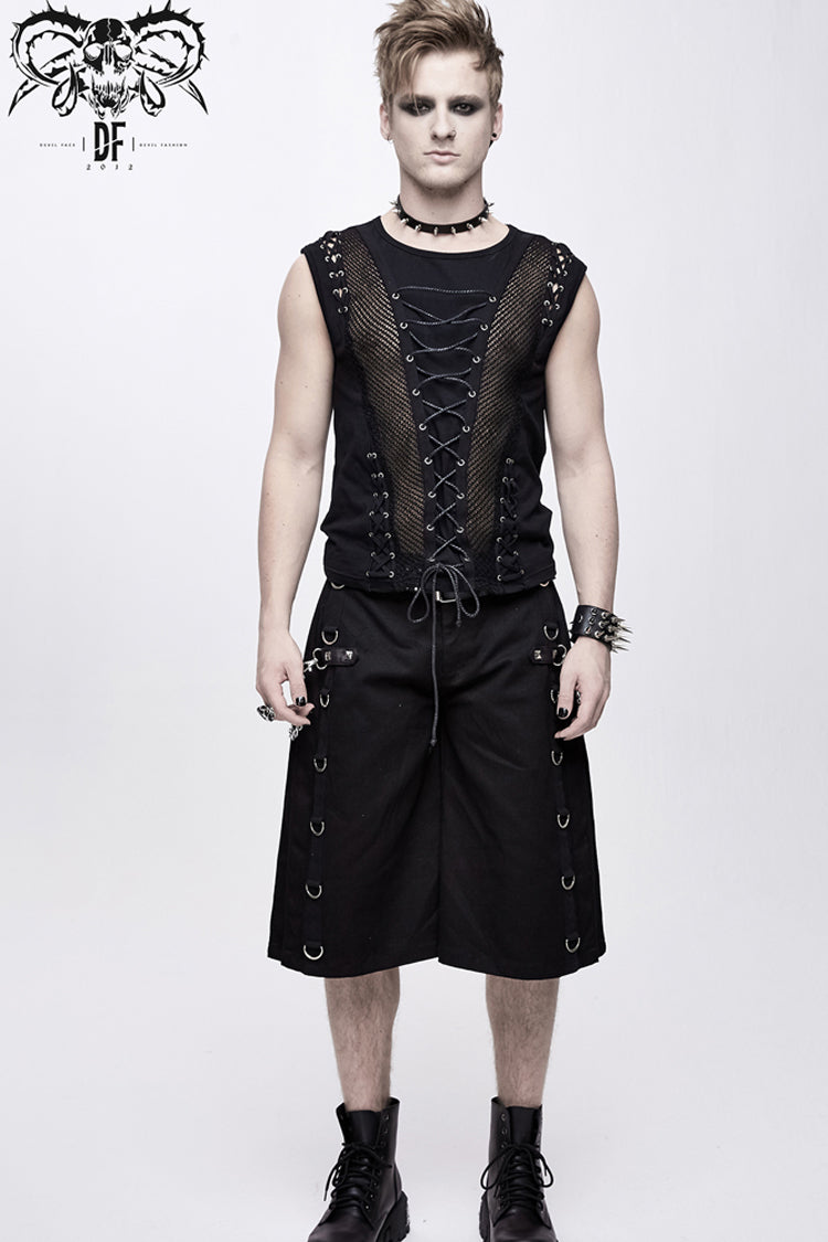 Black Chest Lace Up Splice Coarse Grain Punk Vest