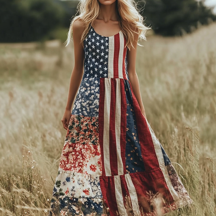 Comstylish Vintage Independence Day Floral Patchwork Art Linen Tank Dress