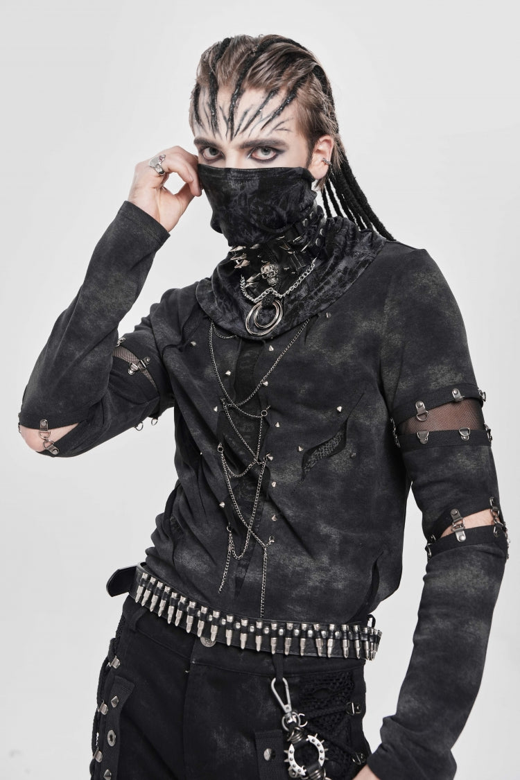 Black Long Sleeves Cutout Rivets Chain Punk Blouse