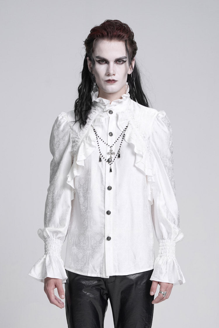 White Stand Collar Long Sleeves Ruffle Lace Cross Gothic Blouse