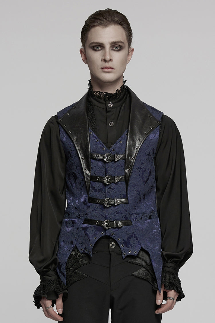 Black/blue Lapel V-neck Sleeveless Jacquard Buckle Gothic Vest