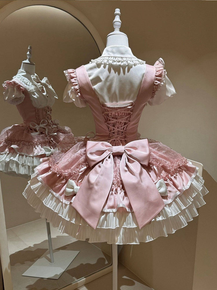 [order Deadline: May 12] Pink White Sweet Lolita Idol Ribbon Puff Sleeve Shirt + Corset Tulle Pull-up Jks Dress Set