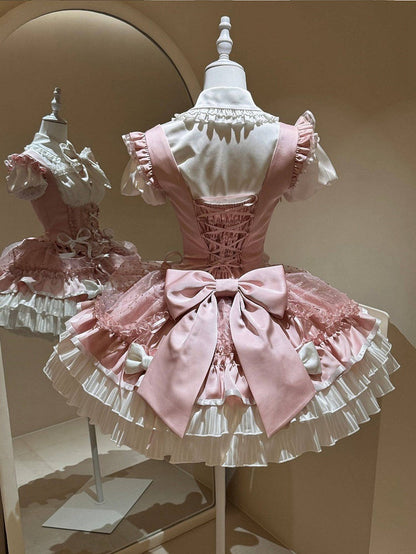 [order Deadline: May 12] Pink White Sweet Lolita Idol Ribbon Puff Sleeve Shirt + Corset Tulle Pull-up Jks Dress Set