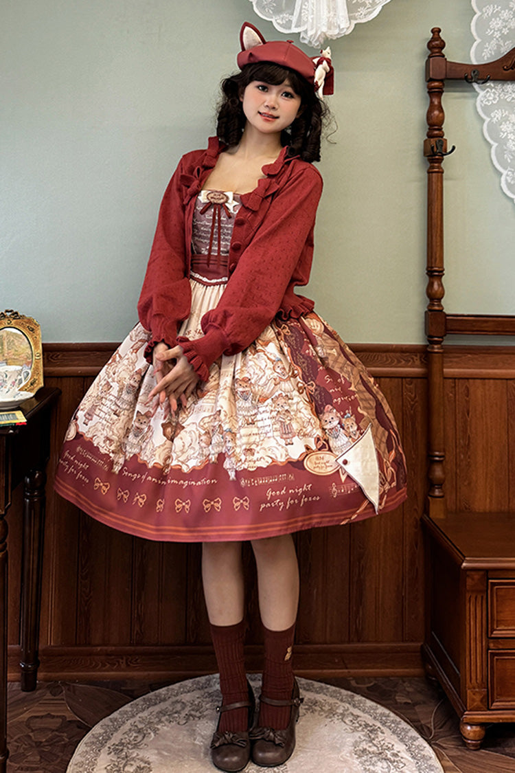 Wine Red [fox Band] Print Square Collar Bowknot Classic Lolita Jumper Dress