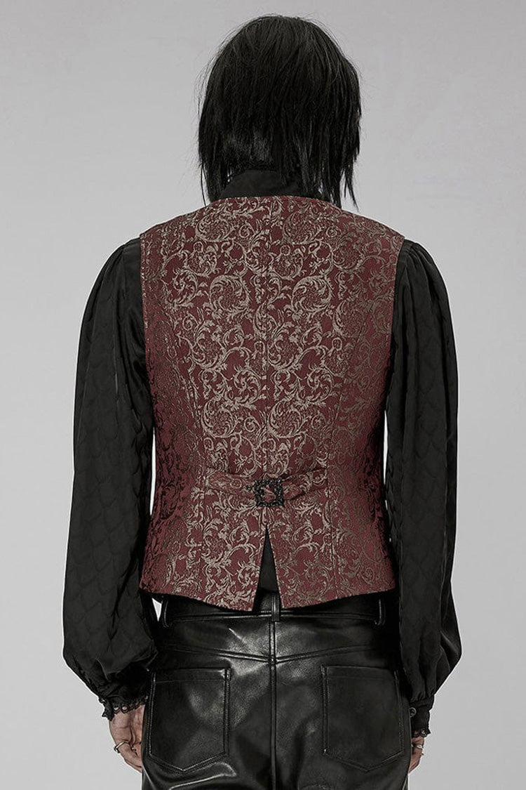 Red Punk V Neck Asymmetrical Relief Sculpture Jacquard Double Row Hand Seam Button Vest