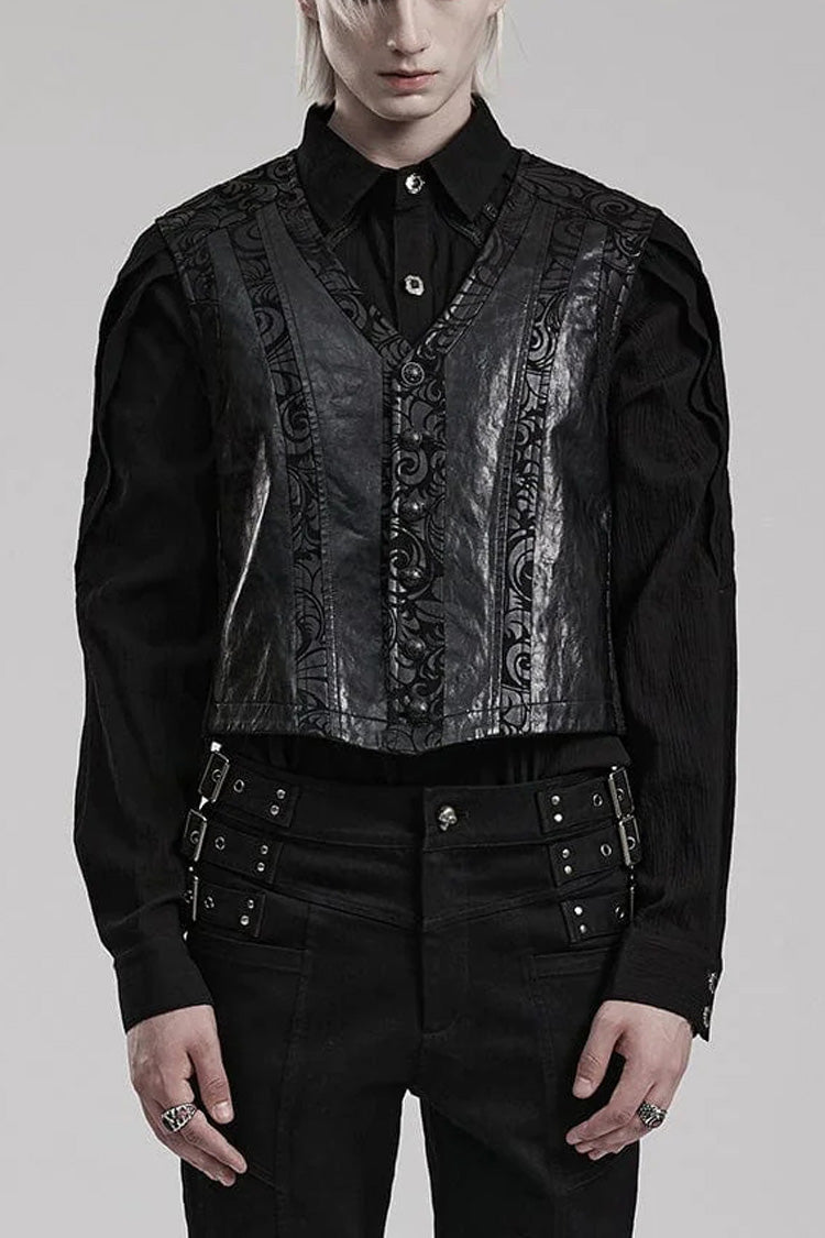 Black V Collar Sleeveless Exquisitely Carved Print Faux Leather Gothic Vest