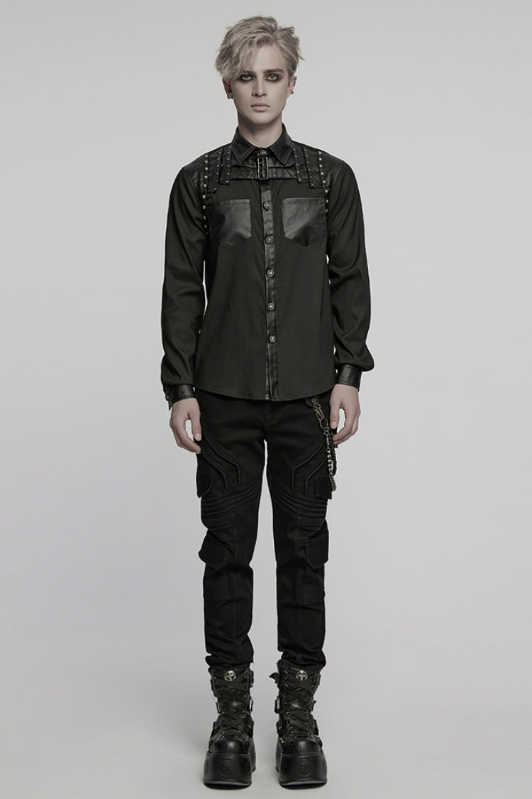 Black Lapel Collar Long Sleeves Faux Leather Stitching Buckle Punk Blouse