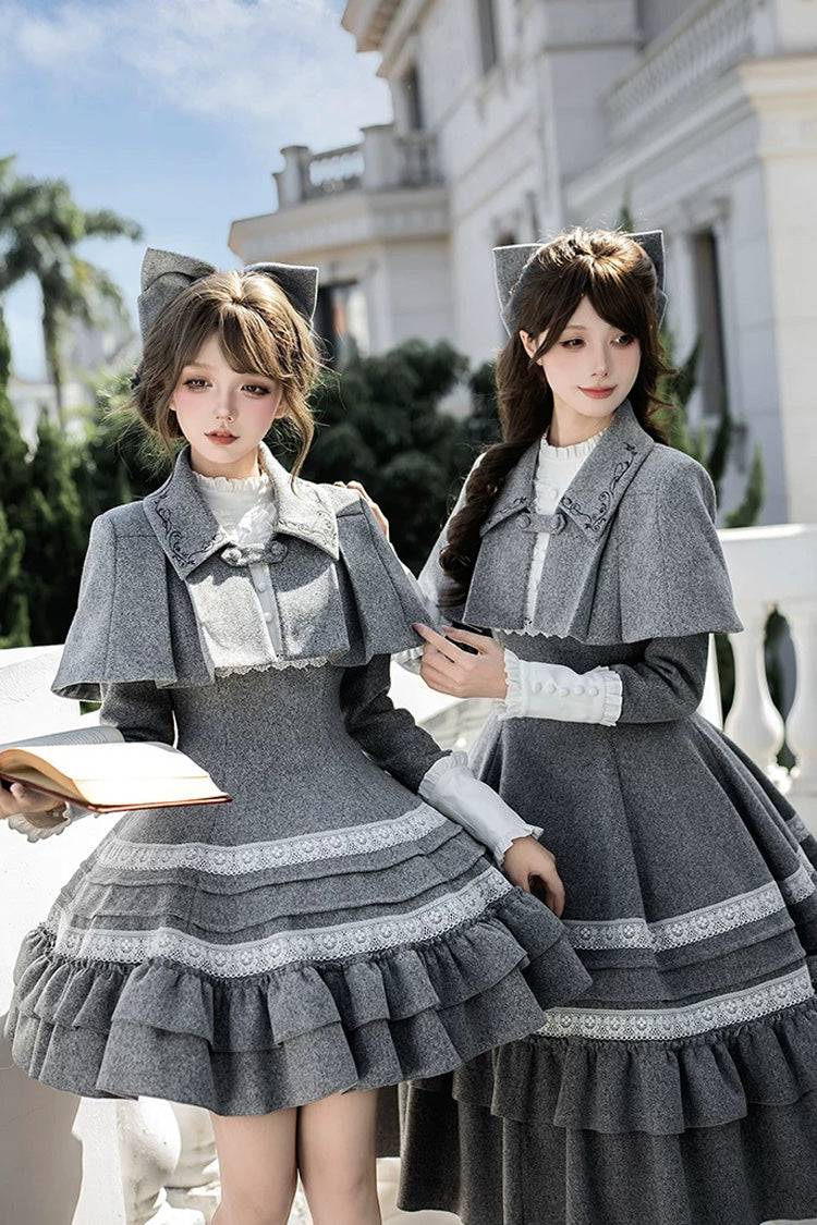 Grey [letters and Poems · Old Memories] Stand Collar Long Sleeves Double-layered Ruffled Bow Classic Lolita Dress 2 Versions