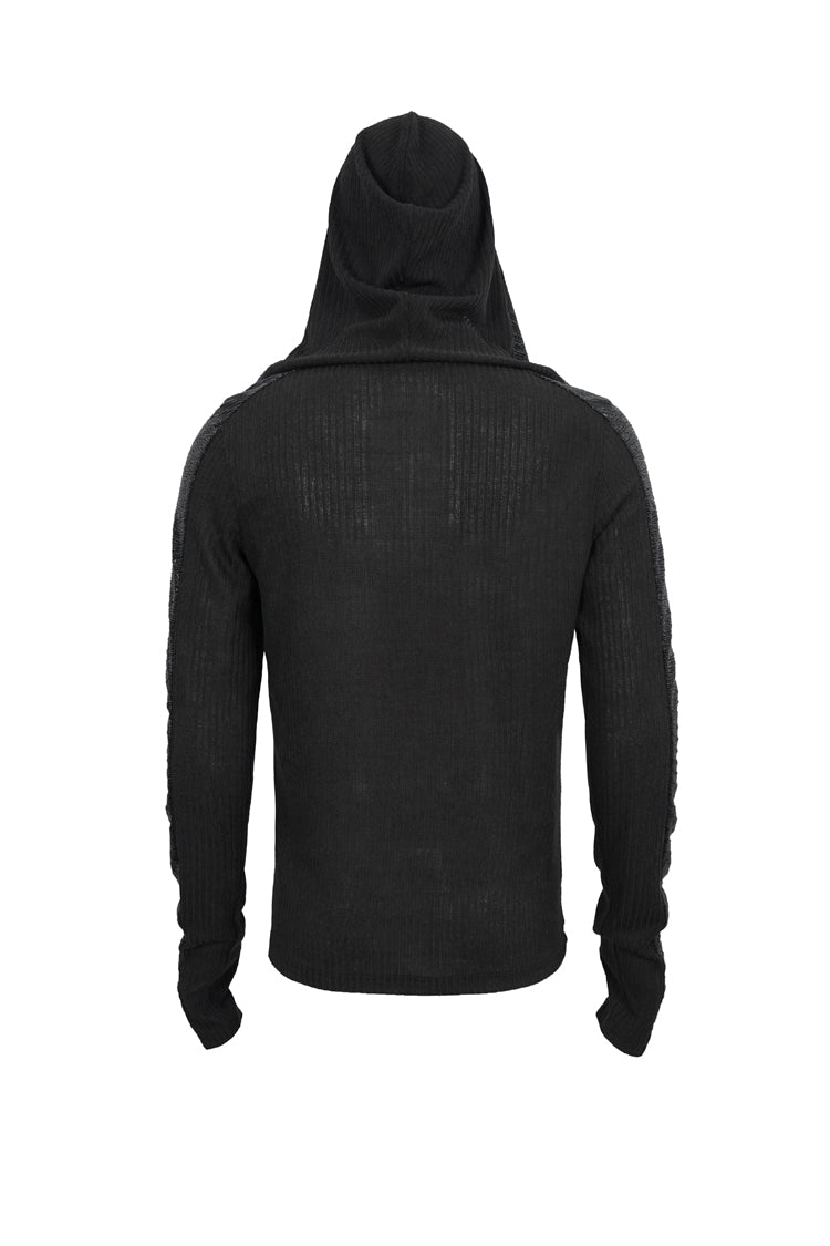 Black Dark Tether V-neck Panel Knit Hooded Punk T-shirt