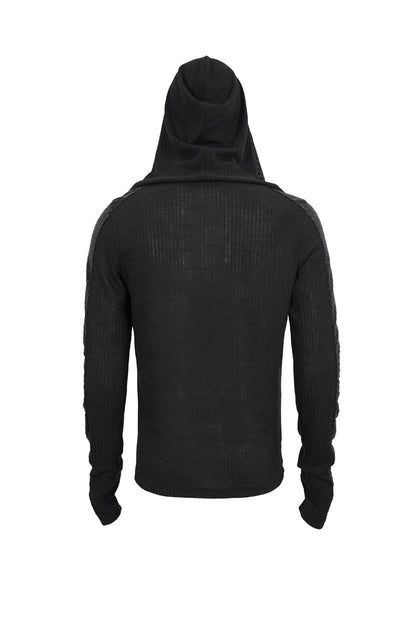 Black Dark Tether V-neck Panel Knit Hooded Punk T-shirt