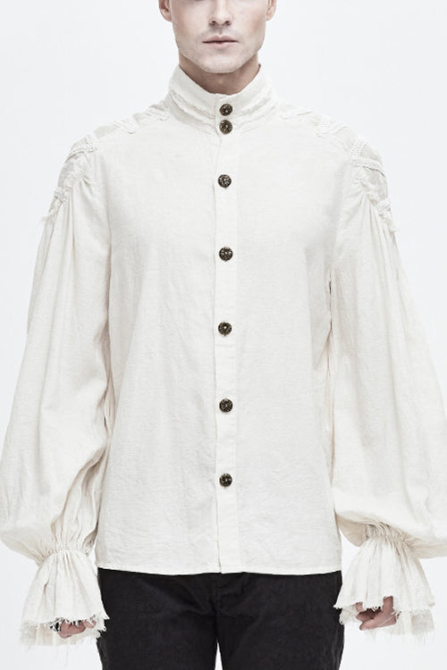 White Straight Collar Puff Sleeve Jacquard Punk Blouse